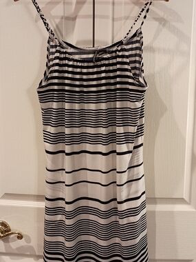 Striped Spaghetti-Strap Midi Dress in Black and White